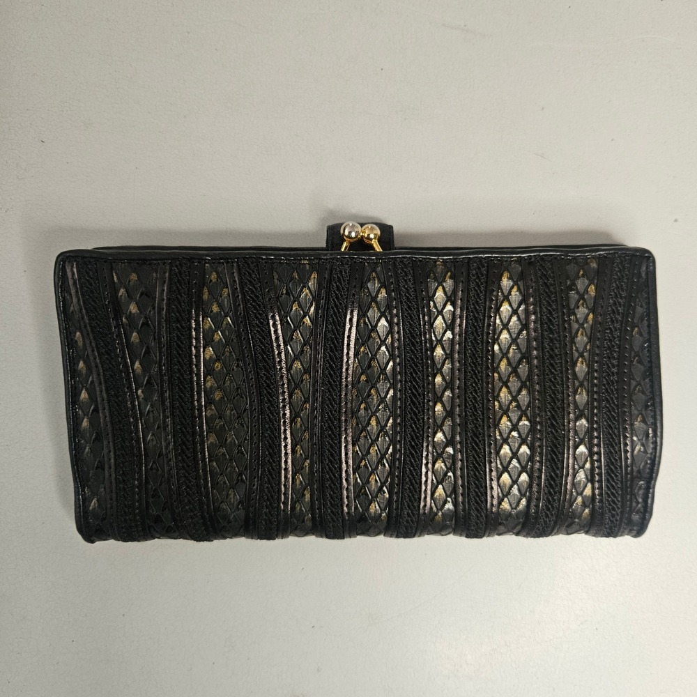 Vintage Black Metallic Snakeskin Stripe Kiss Lock Bifold‎ Wallet Gold